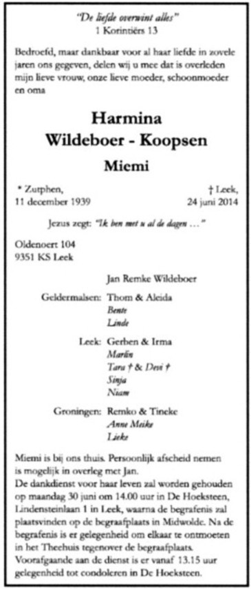 Advertentie in het dagblad "Trouw" van 27 juni 2014 bij het overlijden van Miemi.