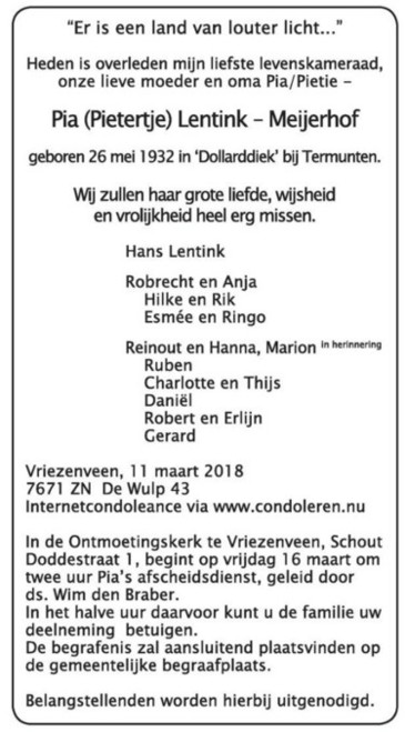 Advertentie in 
"Trouw" van 12-03-2018.