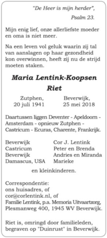 Advertentie in 
"Trouw" van 31-05-2018